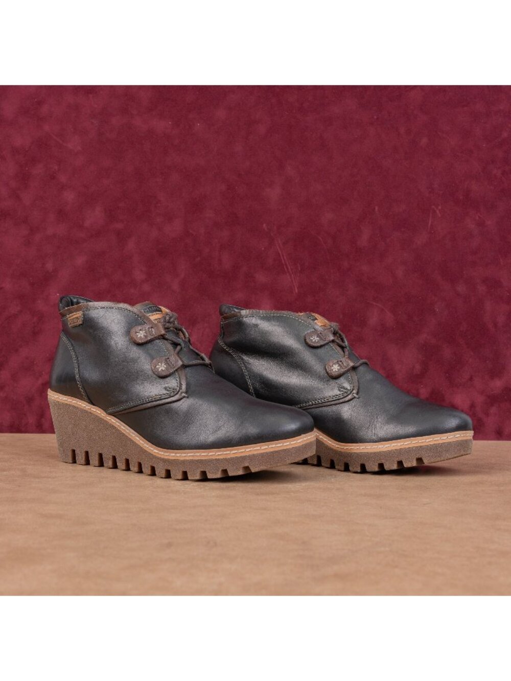 Pikolinos Women Maple Black Leather Lace-up Wedge Ankle Boots sz10US EUR41